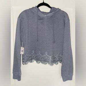 Beyond the Radar Blue/Grey Lacy Bottom Hooded Crop Sweatshirt